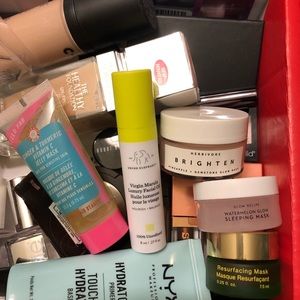 Box of high end & drugstore makeup & skincare